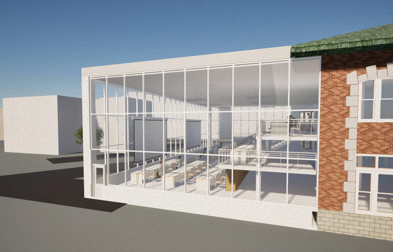 Render of a two-storey glass box with a green roof attached to the corner of an old brick building, interior floors and desks visible through the glass, blue sky behind