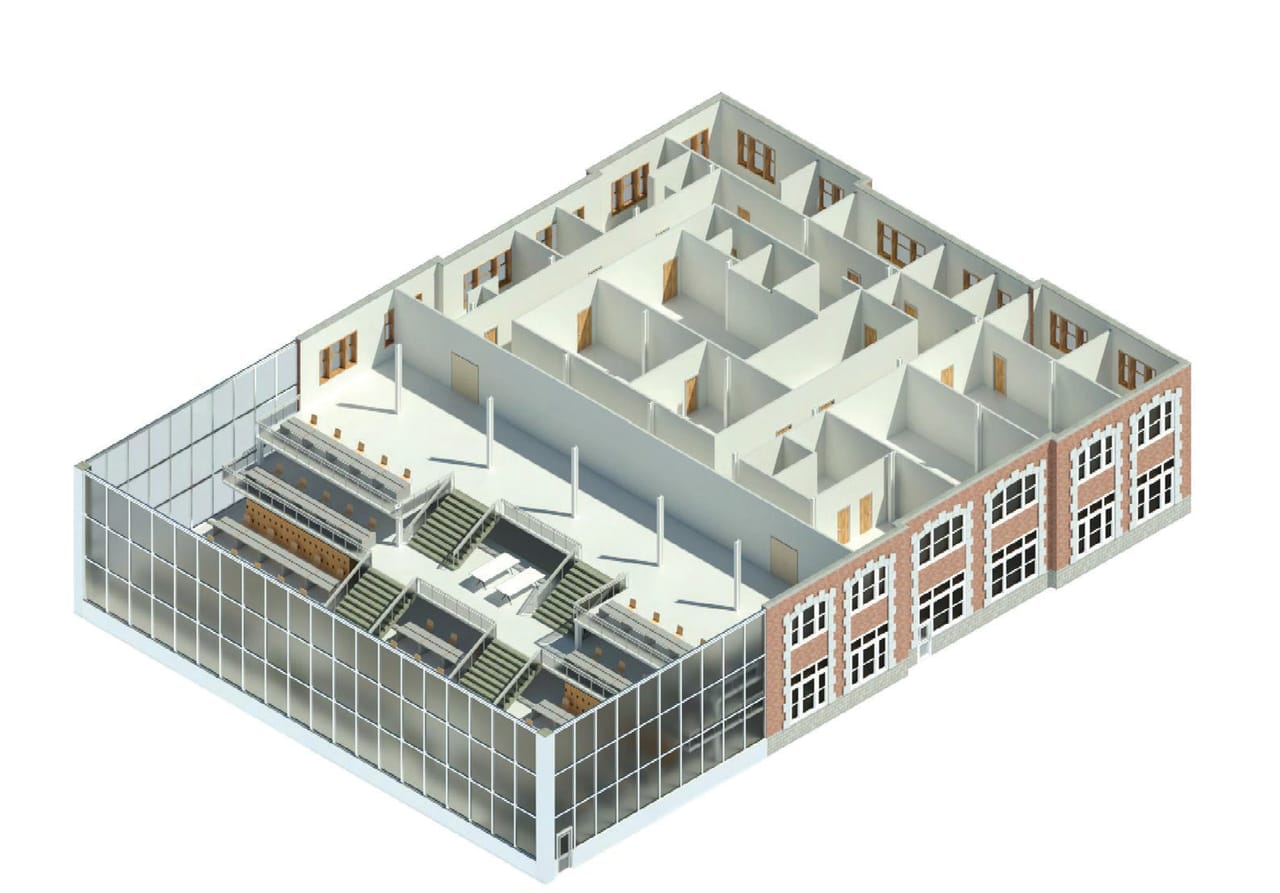 Isometric view from above with the roof removed: the brick wing on the right with its small rooms, and the glass extension on the left holding stepped seating around a central stair