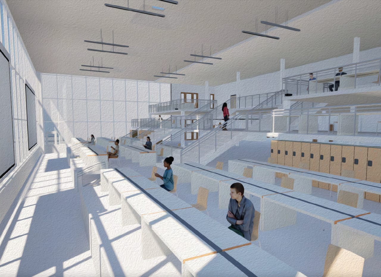 Interior render of stepped timber benches and desks rising towards a tall glass wall, students seated at the benches