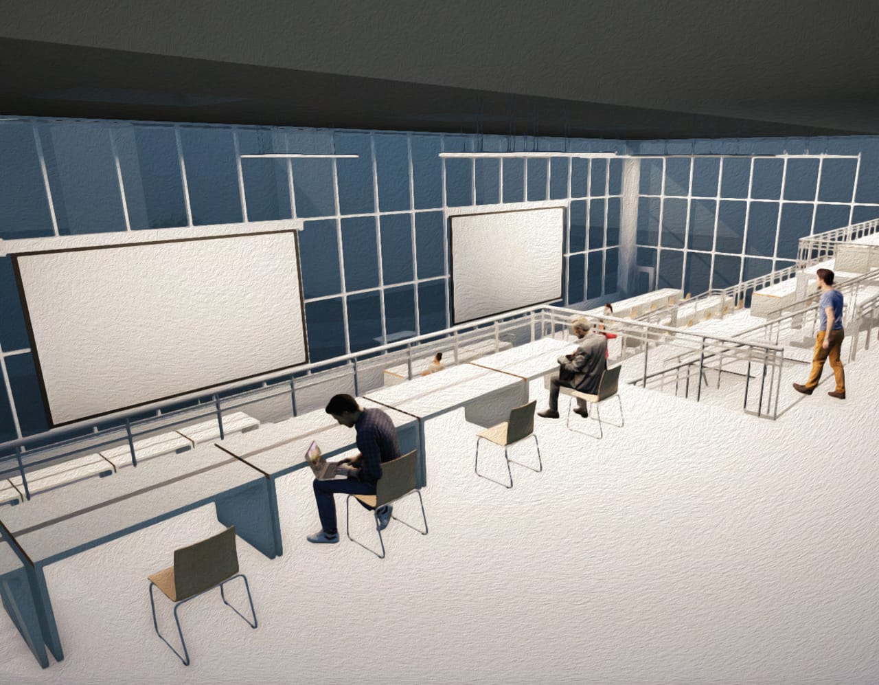 Interior render of a long glass wall with two large white screens, students working at desks on a raised platform