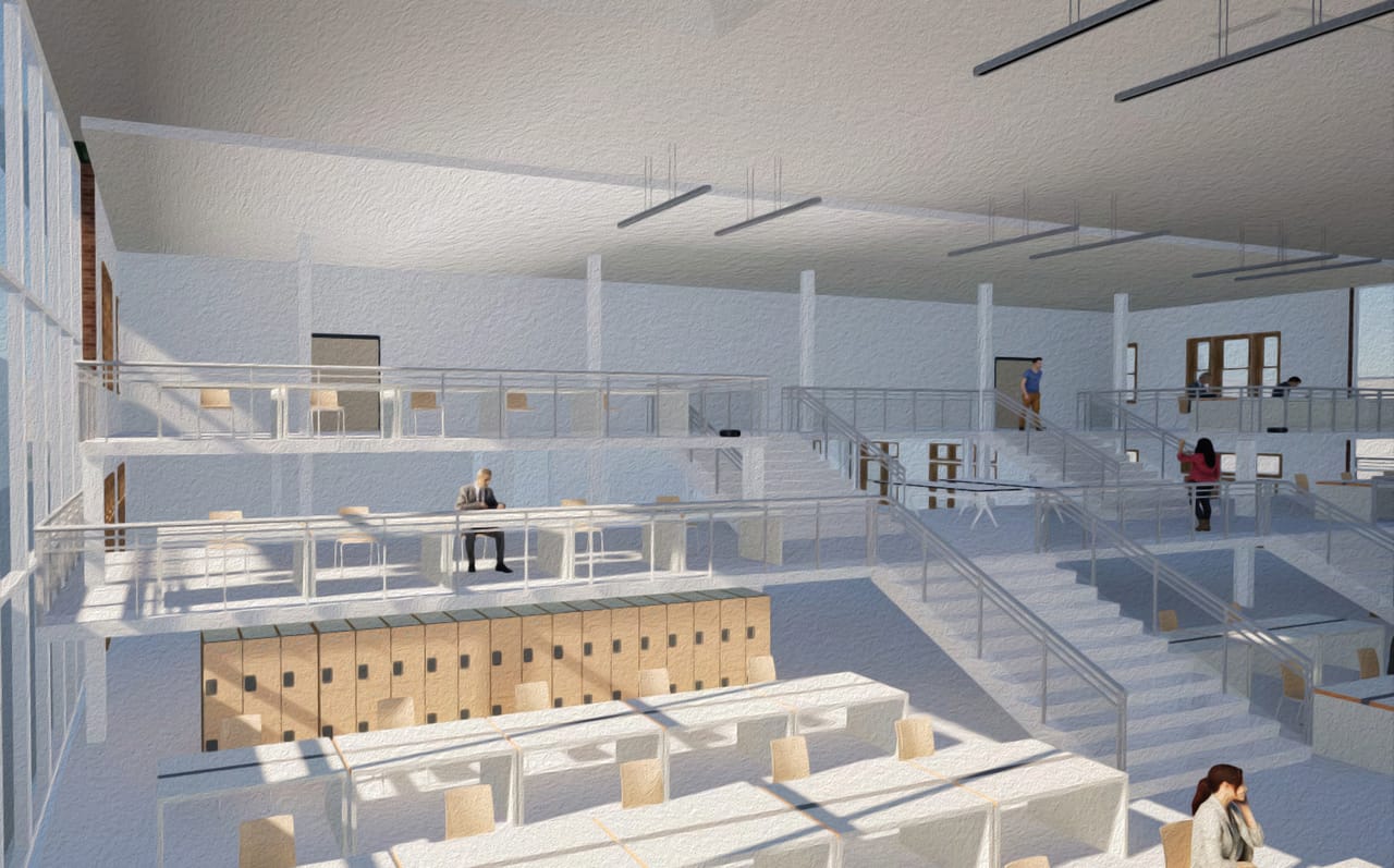Interior render looking across stepped platforms with railings and rows of desks, people sitting and walking