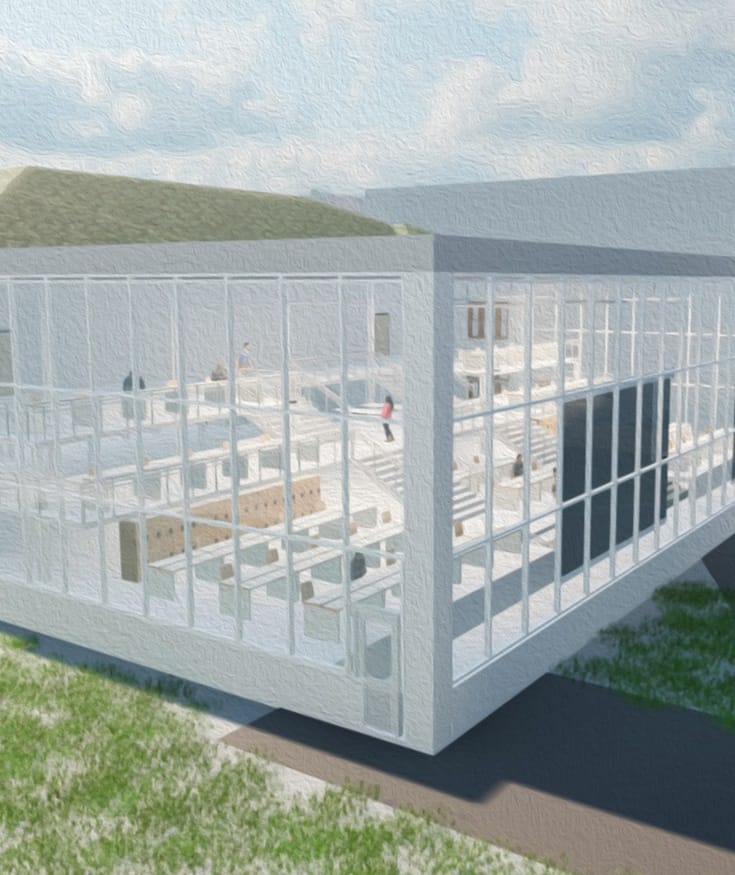 Cropped render of a two-storey glass box with a green roof and a stepped lecture hall visible through its glass walls, under a cloudy sky, in a soft painted style
