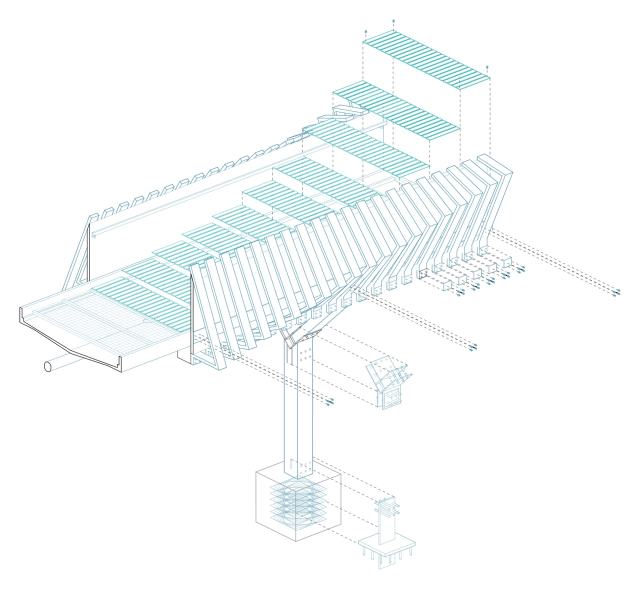 Exploded axonometric of Waterfly's elevated path: timber ribs, deck panels lifted above them, a column on a concrete footing, and knife plates and screws pulled out along dashed lines