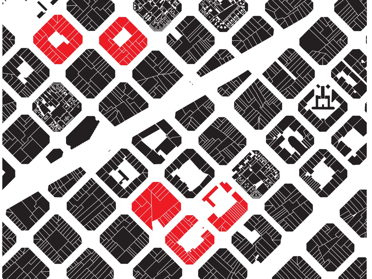 Figure-ground plan of the Eixample in Barcelona turned 45 degrees: dark city blocks divided into building plots, five blocks picked out in red, and the title Barcelona Superblocks along the right edge