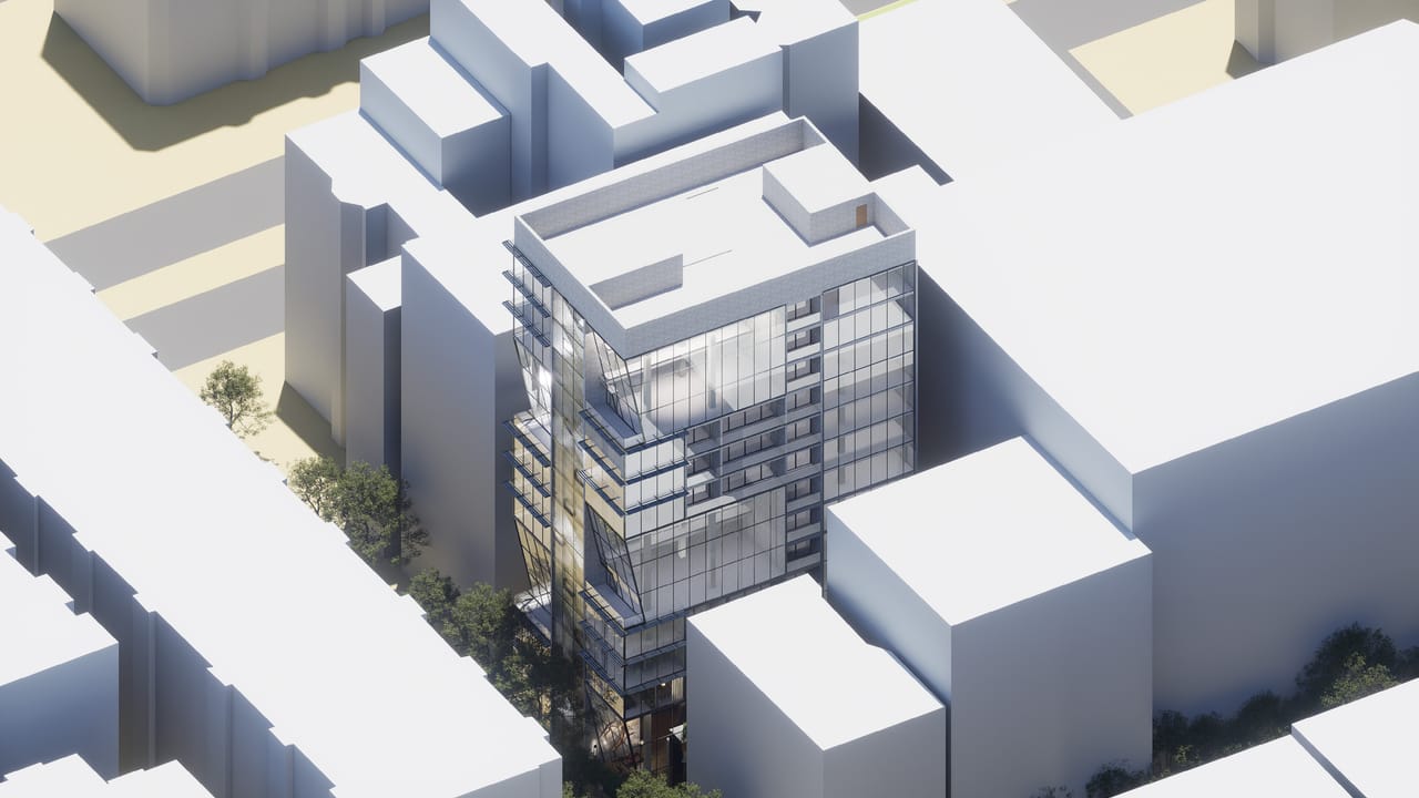 Aerial render of the glass tower among white massing models of its neighbours, with its tilted, carved face turned towards the sun