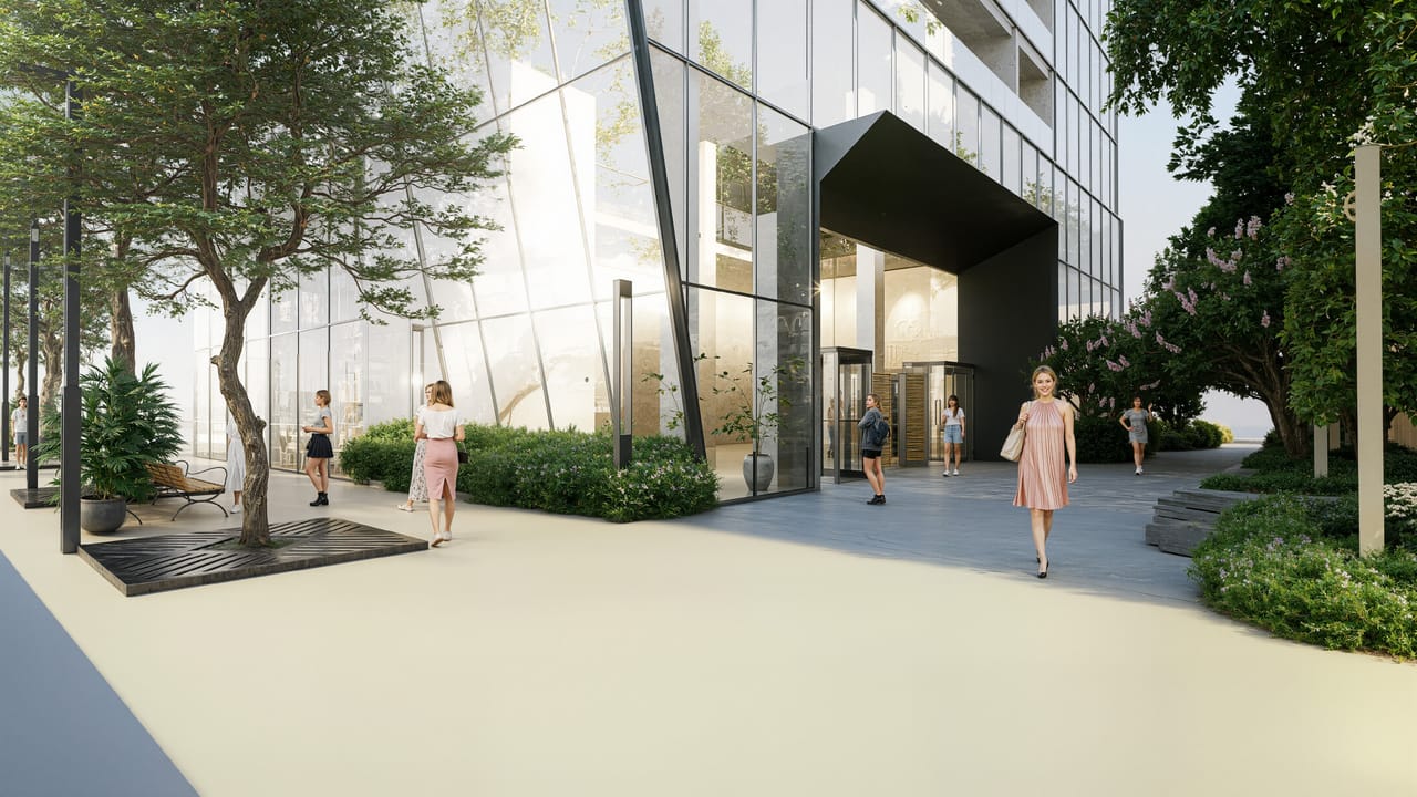 Render of a tree-lined entry court with a deep black canopy over a revolving door, people walking between planting beds and benches