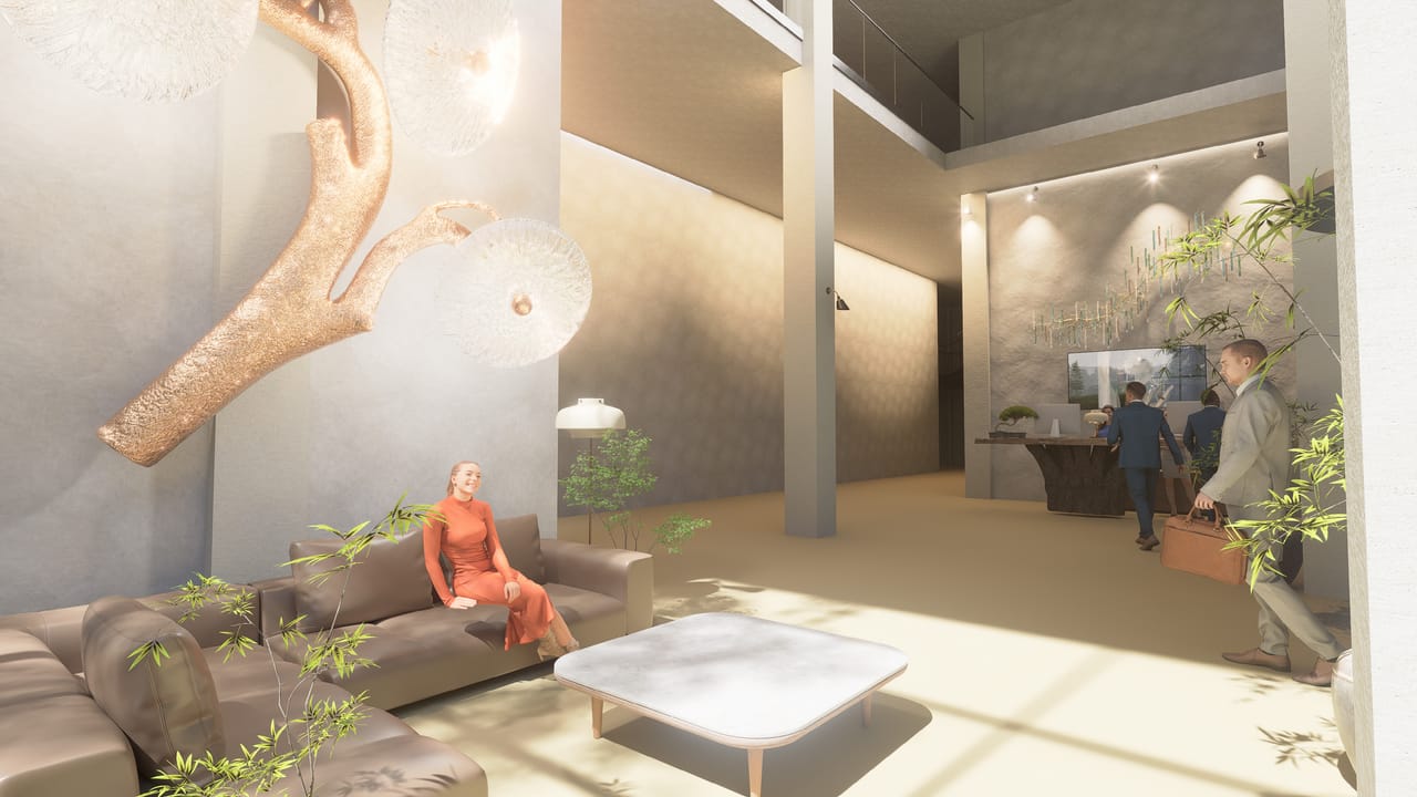 Render of a double-height lobby with a sofa and a coffee table in the foreground, a reception desk behind and a sculptural branch lamp on the wall