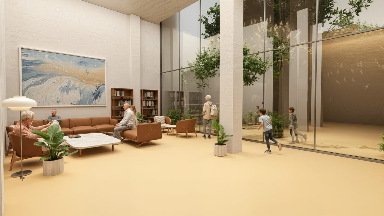 Render of a tall room with brown leather sofas and a marble table, a bookcase, and a glass wall looking onto trees where two children run