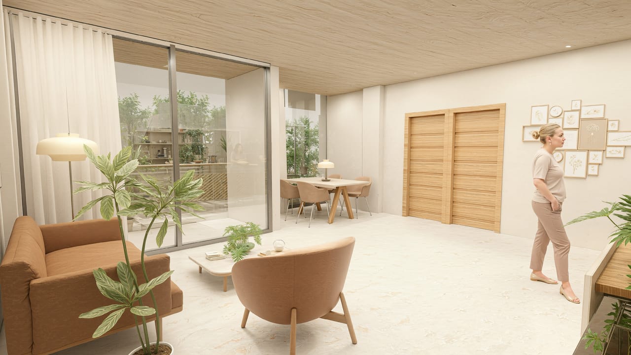 Render of a living and dining area with a leather armchair, a plant, timber doors and a timber ceiling, a woman standing at the right