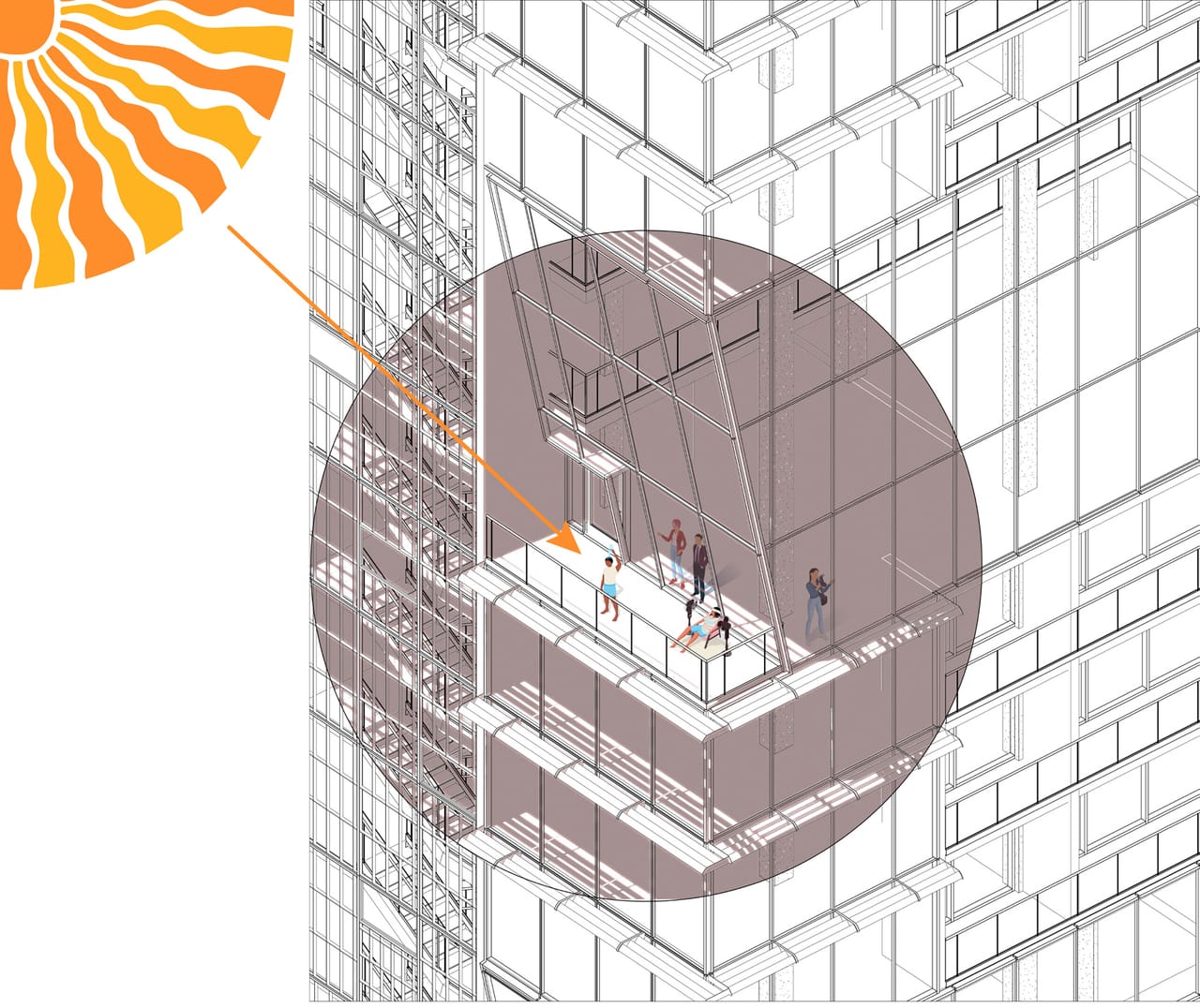 Facade diagram with a sun glyph at the upper left and a brown shaded circle around a balcony where the sun is blocked