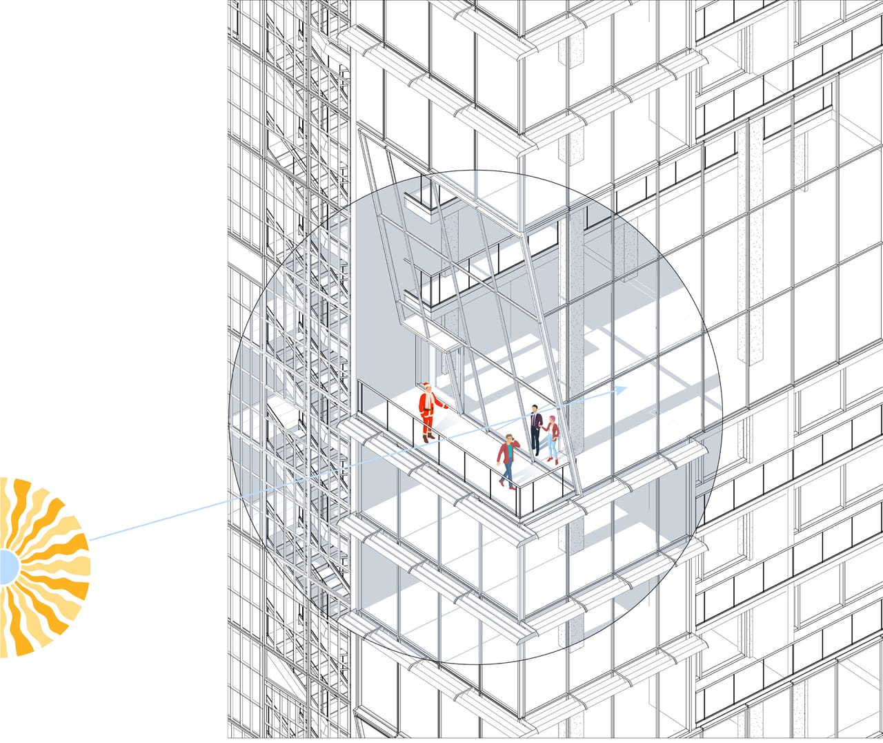 The same facade with a low sun and a pale blue circle around the balcony where the sun reaches in