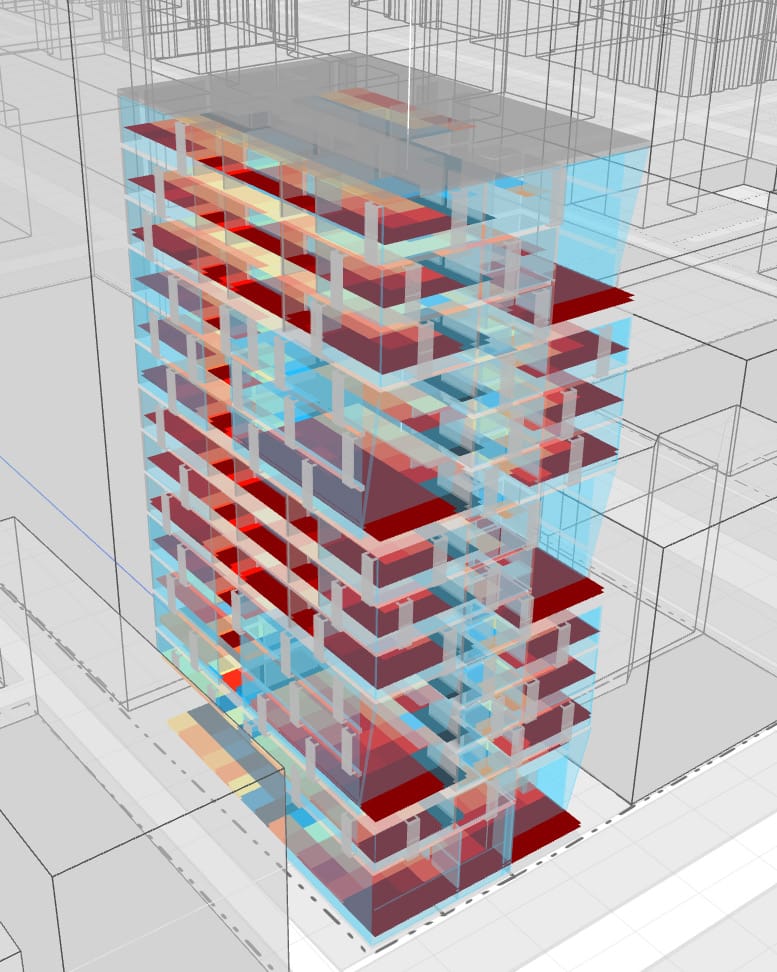 Axonometric of the tower floors coloured from red to blue by daylight autonomy