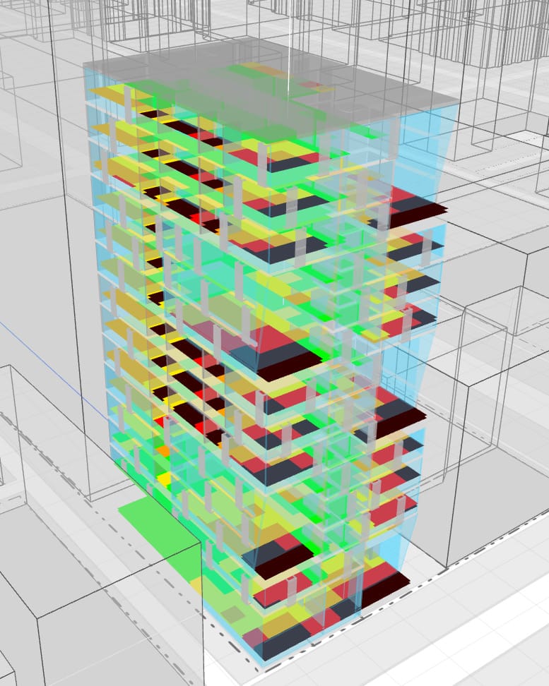 Axonometric of the tower coloured green to red by hours of glare