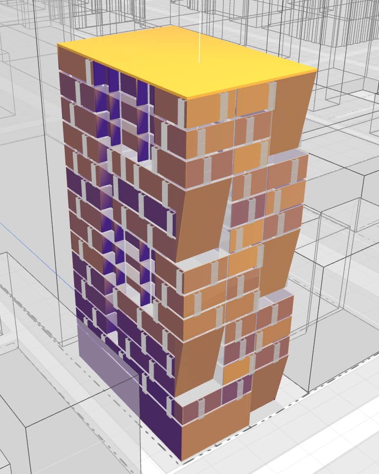 Axonometric of the tower facade coloured from purple (low) to orange and yellow (high) radiation