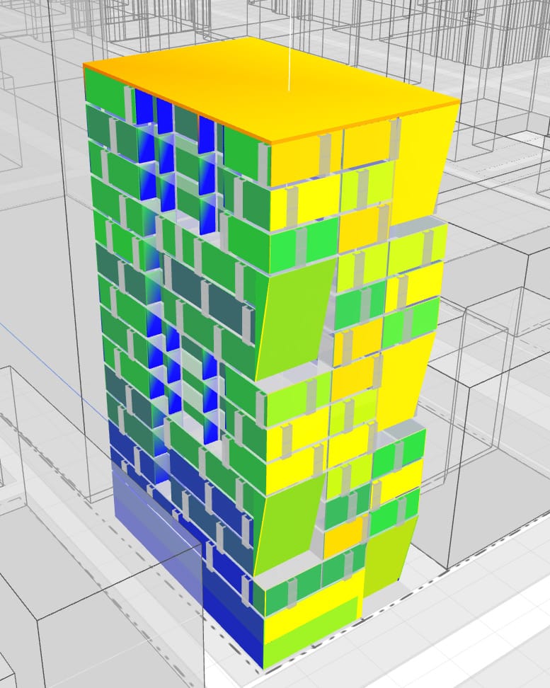 Axonometric of the tower facade coloured from blue to yellow by hours of sunlight