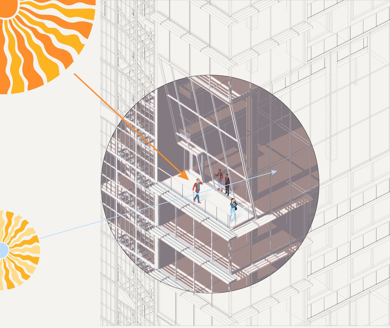 Detail of the tower's glass facade drawn in line, with a large orange sun glyph at the upper left sending an orange ray to a brown circle around a balcony, and a second, paler sun glyph lower at the left