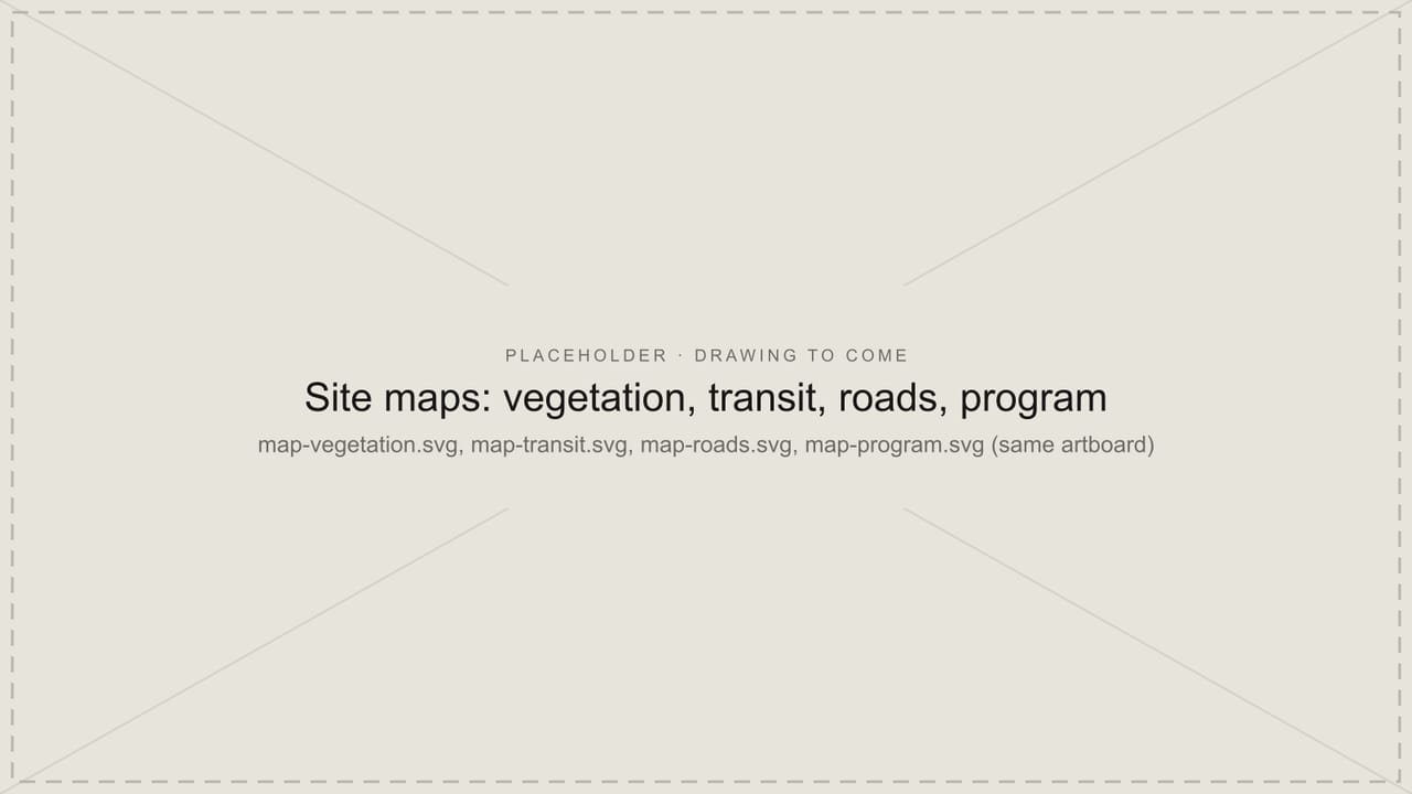 Placeholder panel for the site maps of vegetation, transit, roads and program, which are still to be added