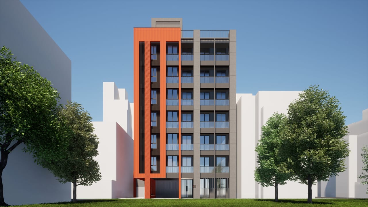 Render of the same building from further back and slightly to the side, with a pale sky and two large trees either side