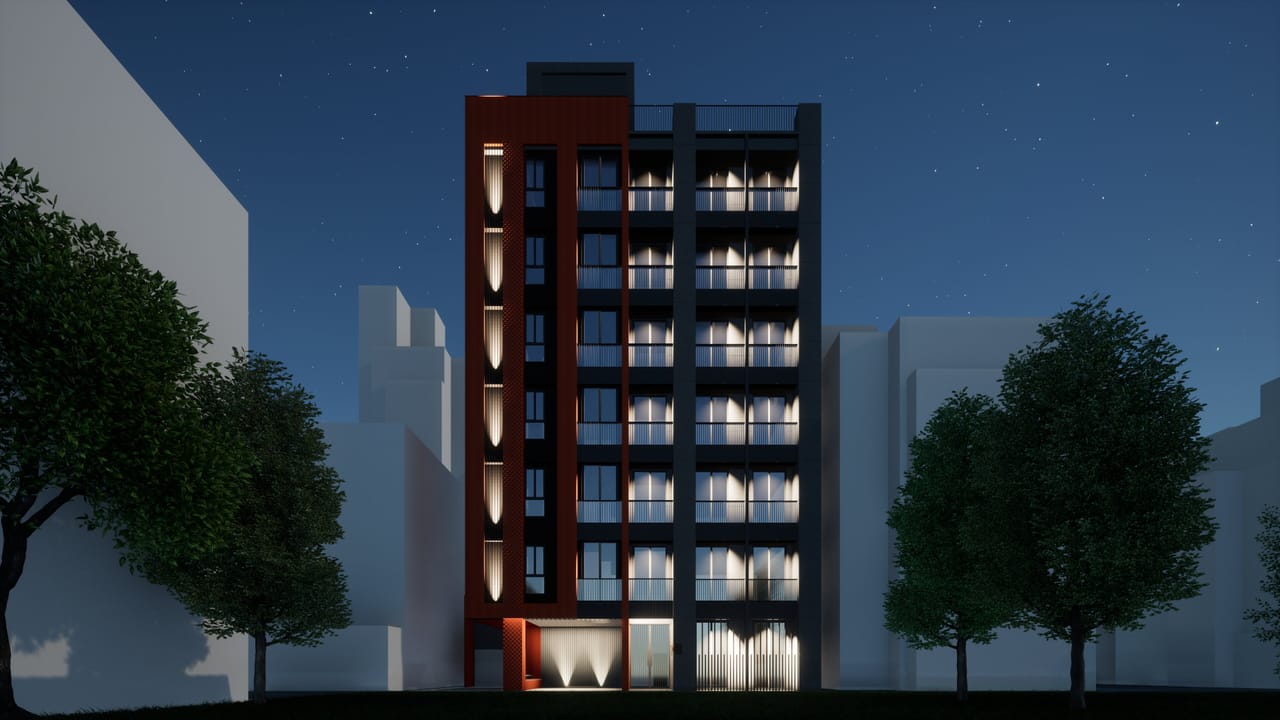 Render of the same view at night, with lit windows and balconies, uplights at the entry and a starry sky