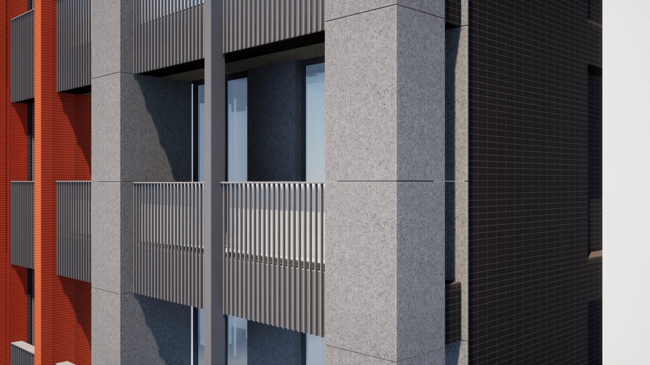 Close render of the corner where the red terracotta facade meets a grey stone-coloured facade with slatted balcony railings and dark glass