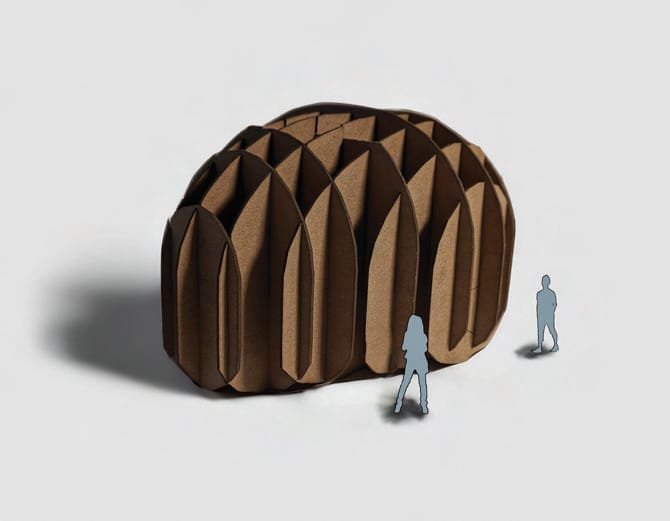 Brown card model of a rounded dome made from interlocking vertical ribs forming a grid, with two small standing figures beside it for scale