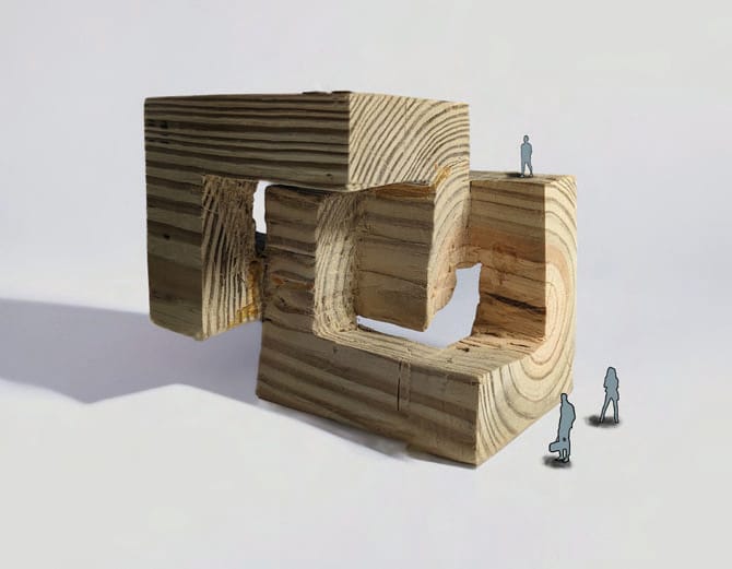 Light wood model of two thick timber pieces curling around each other, with two small figures beside it for scale
