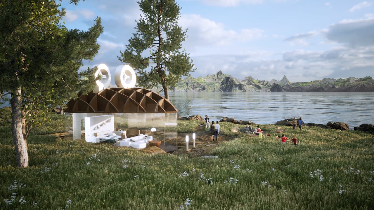 Render of a small glass pavilion with a copper ribbed dome roof and two white fan units on top, furnished inside, on a grassy bank with a lake and hills behind and two people walking past