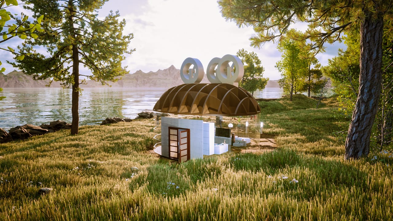 Render of the pavilion seen between pine trunks, with the lake and distant hills behind