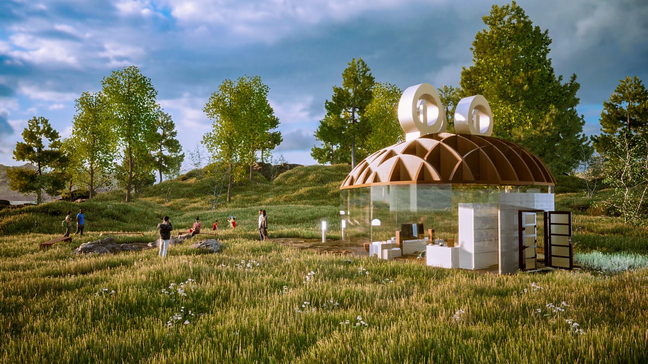 Render of the pavilion with open doors on a grassy hill, people sitting and walking nearby