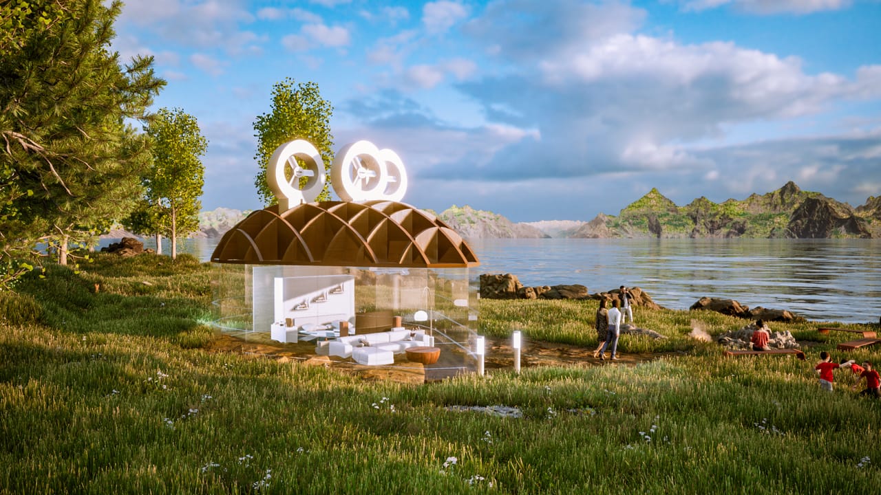 Render of the pavilion beside the lake with hills behind and people at the shore