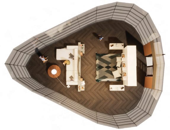 Top view of a teardrop-shaped pod with a timber ring wall and a furnished interior