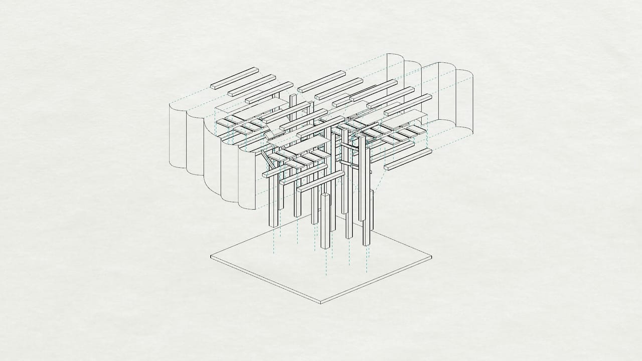 Light line drawing on cream paper of a lattice of crossing horizontal and vertical members standing on a thin square base plate