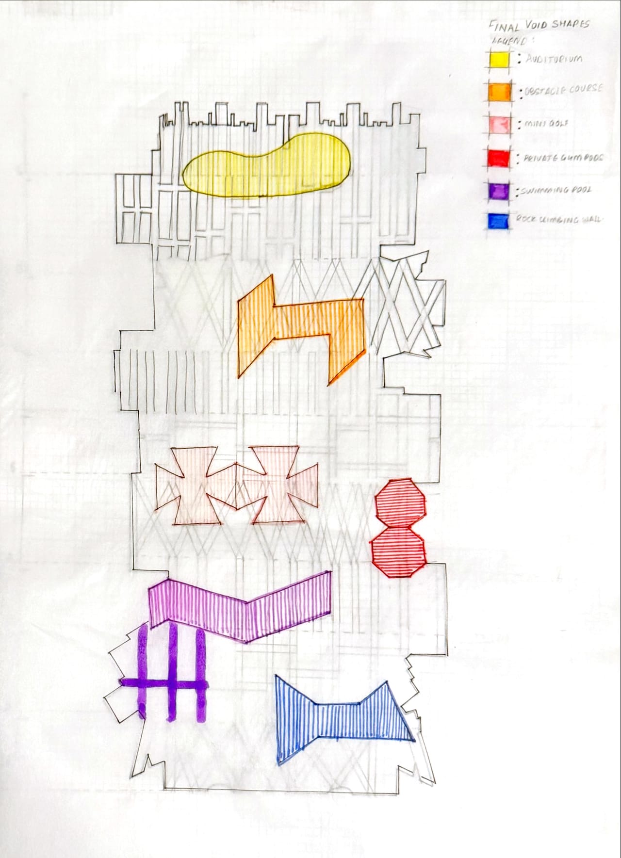 Hand-coloured sketch of the tower plan with coloured shapes for each program and a legend at the top right