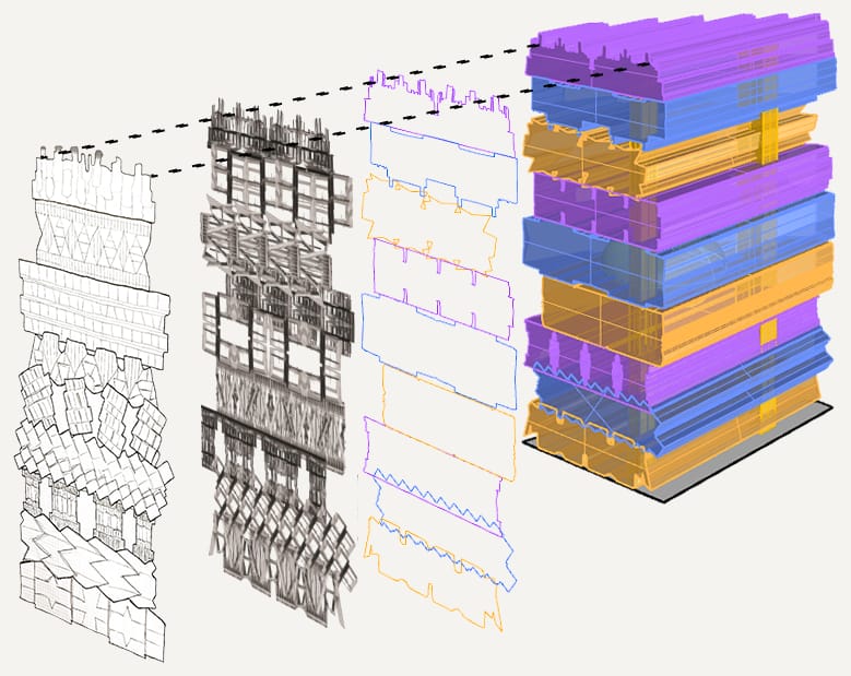 Four views of the tower side by side, from a white outline model to stacked coloured volumes in purple, yellow and blue, joined by dashed lines