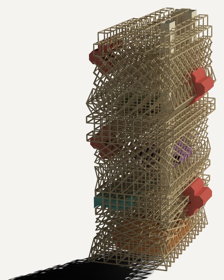 Render of a tall tower made of a dense lattice of light timber-coloured members, with red volumes hanging off its sides