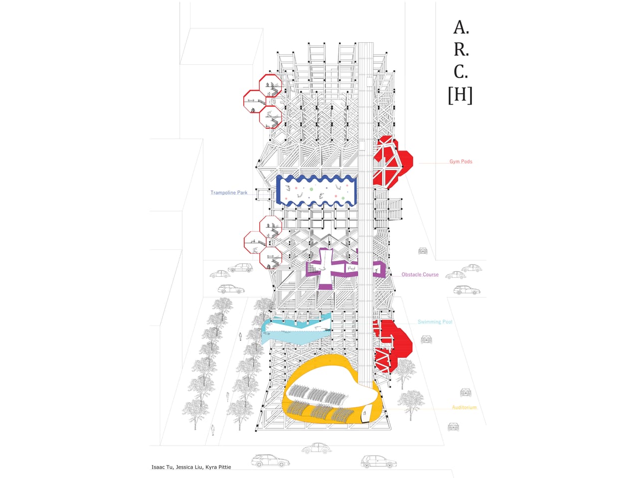 The axonometric line drawing of the lattice tower, with red octagonal gym pods, a blue wavy-edged trampoline park and the title A.R.C.[H]