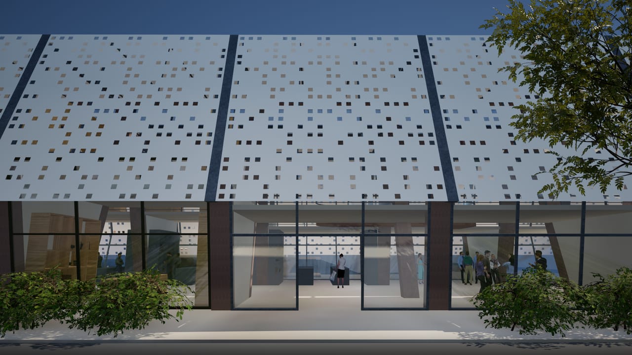 Render of the street facade: a wall of white panels with small square openings above a glazed ground floor and entrance, between dark steel frames, with a tree at the right