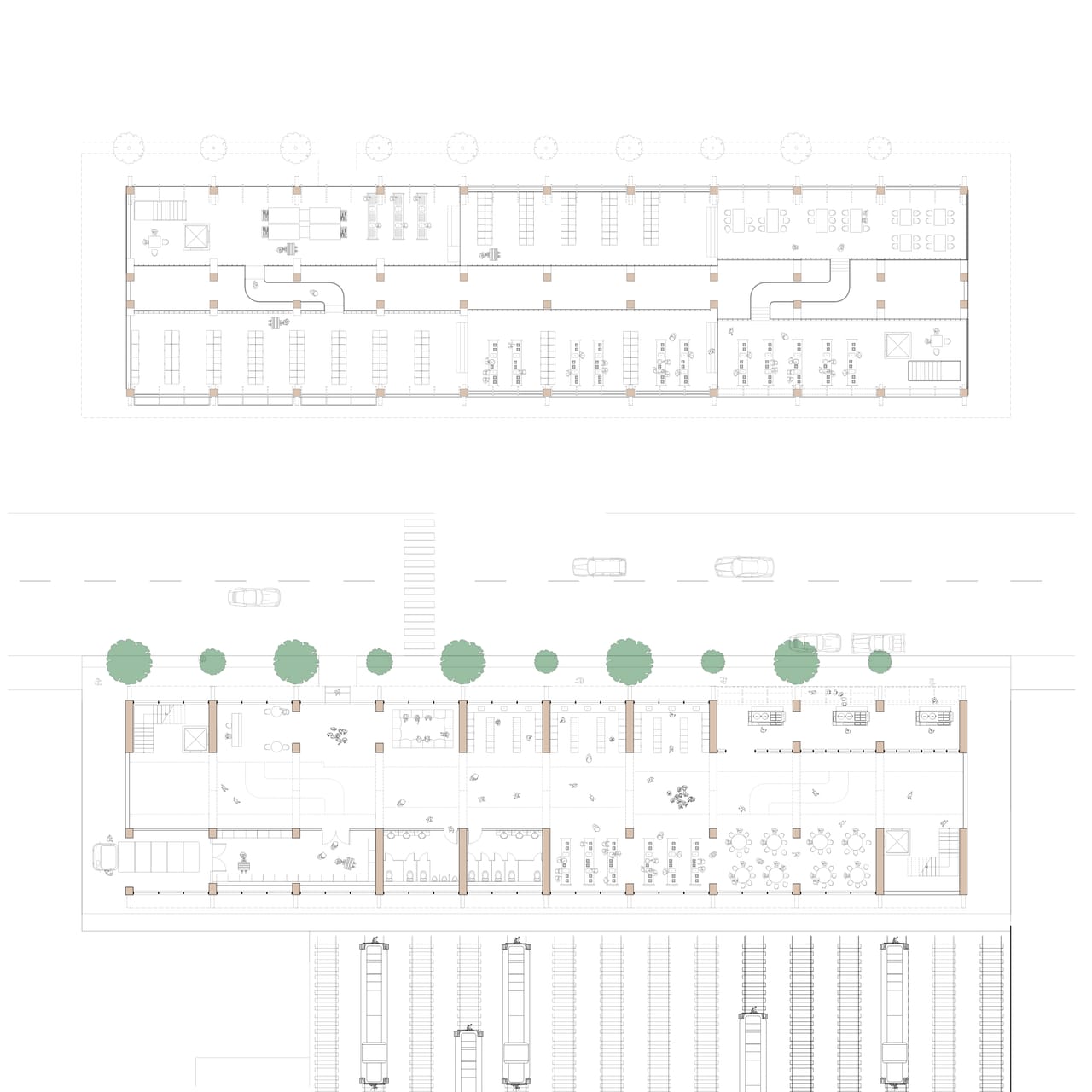 Two plans, the second floor above and the ground floor below: a long rectangle of structural bays holding cooking stations, shelving and seating, with a street above the ground floor and railway tracks below it
