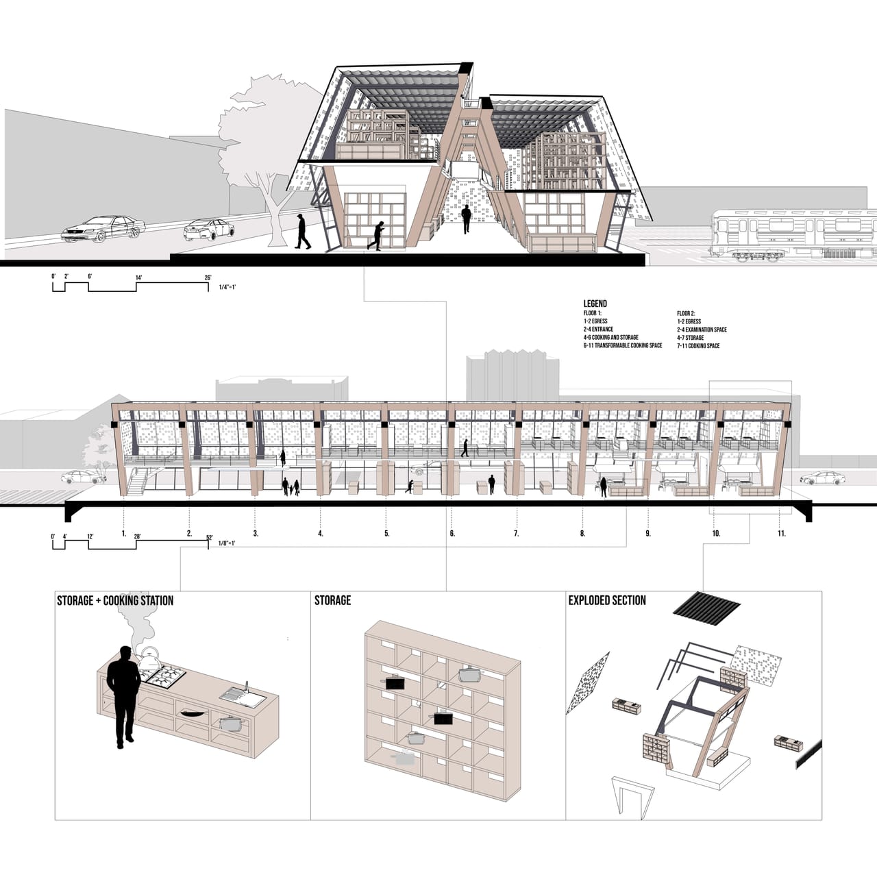 One sheet: a cross-section of the building between a street with cars and a railway, a long section through eleven numbered bays, and three framed drawings of a storage and cooking station, a storage unit and an exploded section