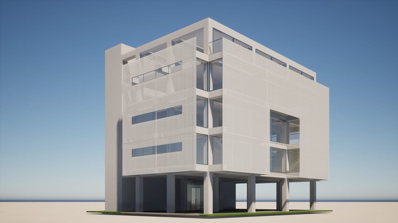 Render of a five-storey white building raised on slim columns under a clear blue sky, a fine perforated screen over its upper floors and a single storey of glass at the corner