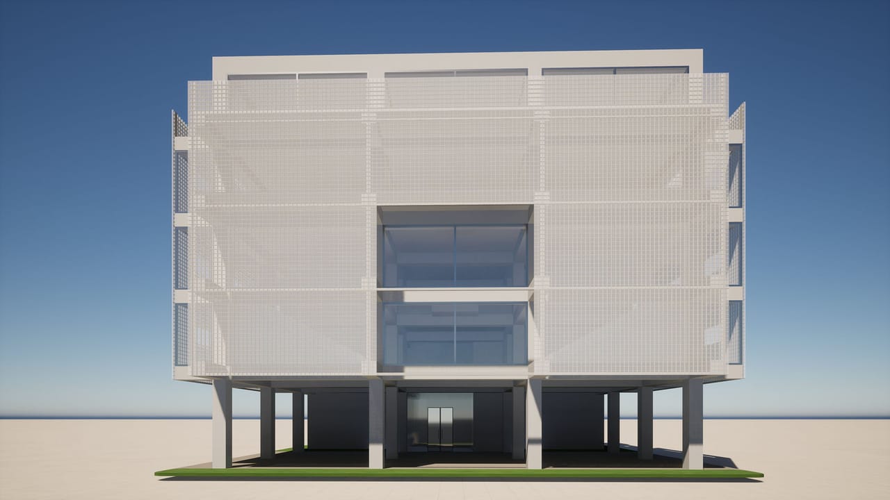 Render of the front of the building: a perforated screen over four floors, a recessed glazed entrance bay at the centre and columns at ground level