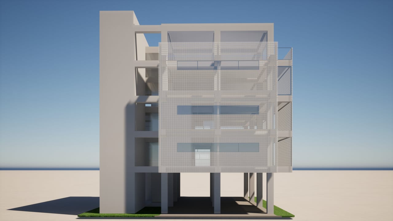 Render of the narrow side of the building on columns, with a screen of horizontal panels and a lawn at its foot