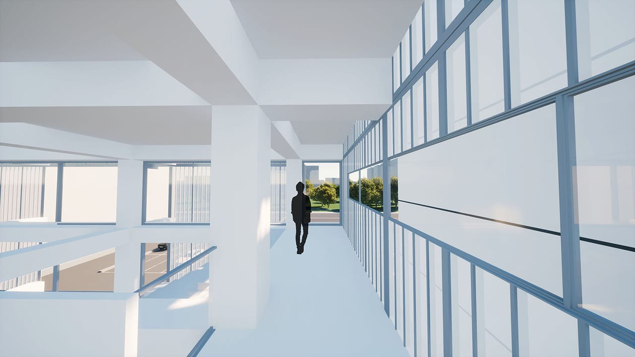 Interior render of a long white corridor with tall blue-framed windows on one side, one person walking away, columns and slabs above