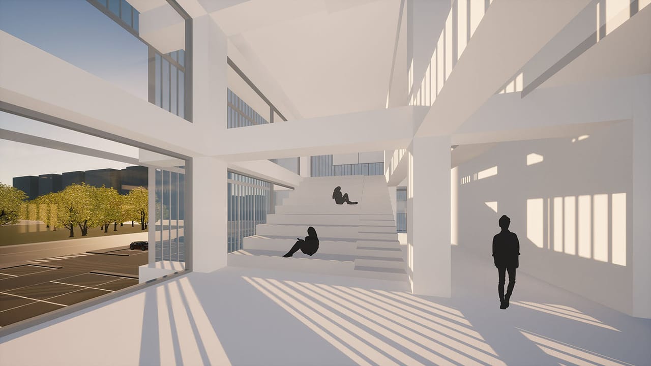 Interior render of broad white steps used as seating beside a window onto trees, with two people on the steps and one standing