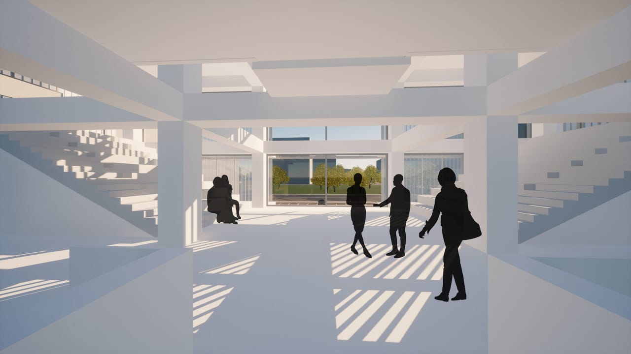 Interior render of a tall white atrium crossed by beams and columns, with stepped seating on both sides, people talking in the middle and bars of sunlight across the floor