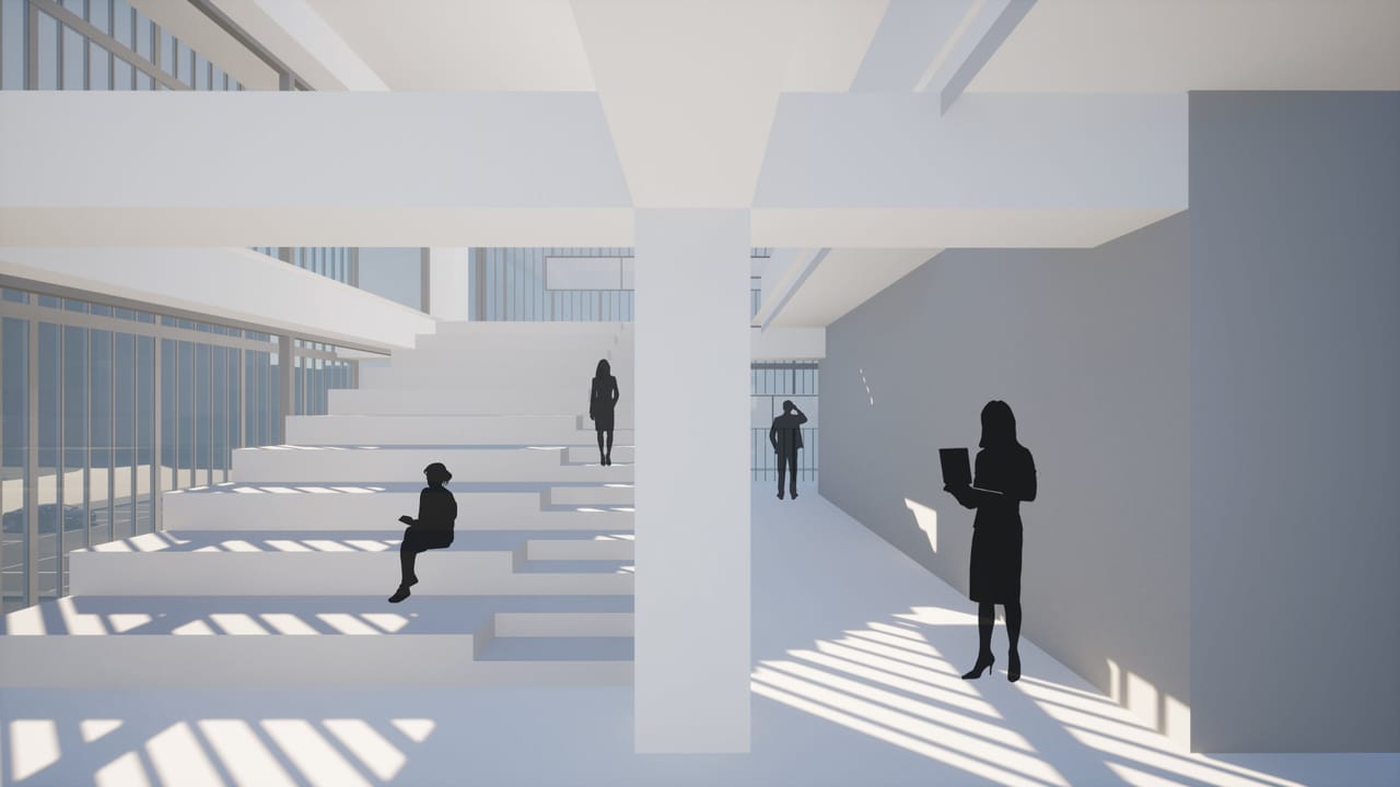 Interior render of white steps rising beside a large column and a grey wall, a woman holding a tablet and two people on the steps