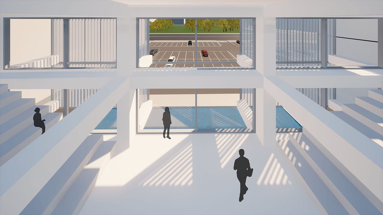 Interior render looking through a frame of beams and a glazed wall to a car park, with a blue pool of water at the lower level and people on the stepped floors
