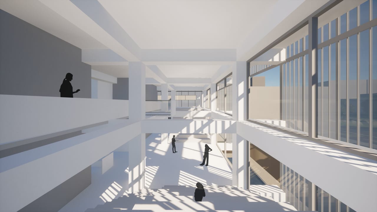 Interior render of a long gallery with a window wall on the right, stepped floors below and people on the balcony and the lower levels