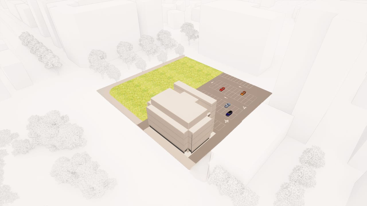 Aerial render of a pale block on a corner site with a lawn behind it and a car park to its right, among faint white neighbouring buildings and trees