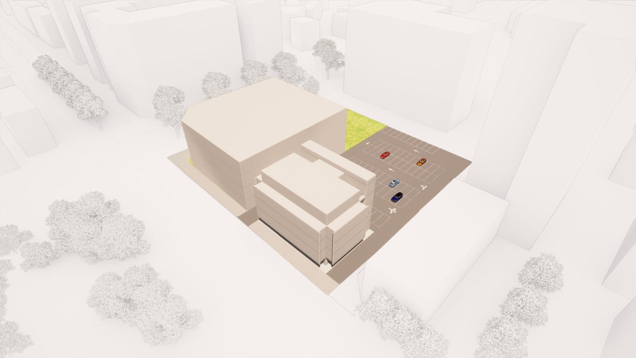 The same aerial view with a second, taller block added on the lawn behind the first